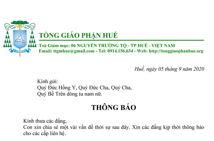 Thông báo của Hội đồng Giám mục Việt Nam ngày 5.9.2020