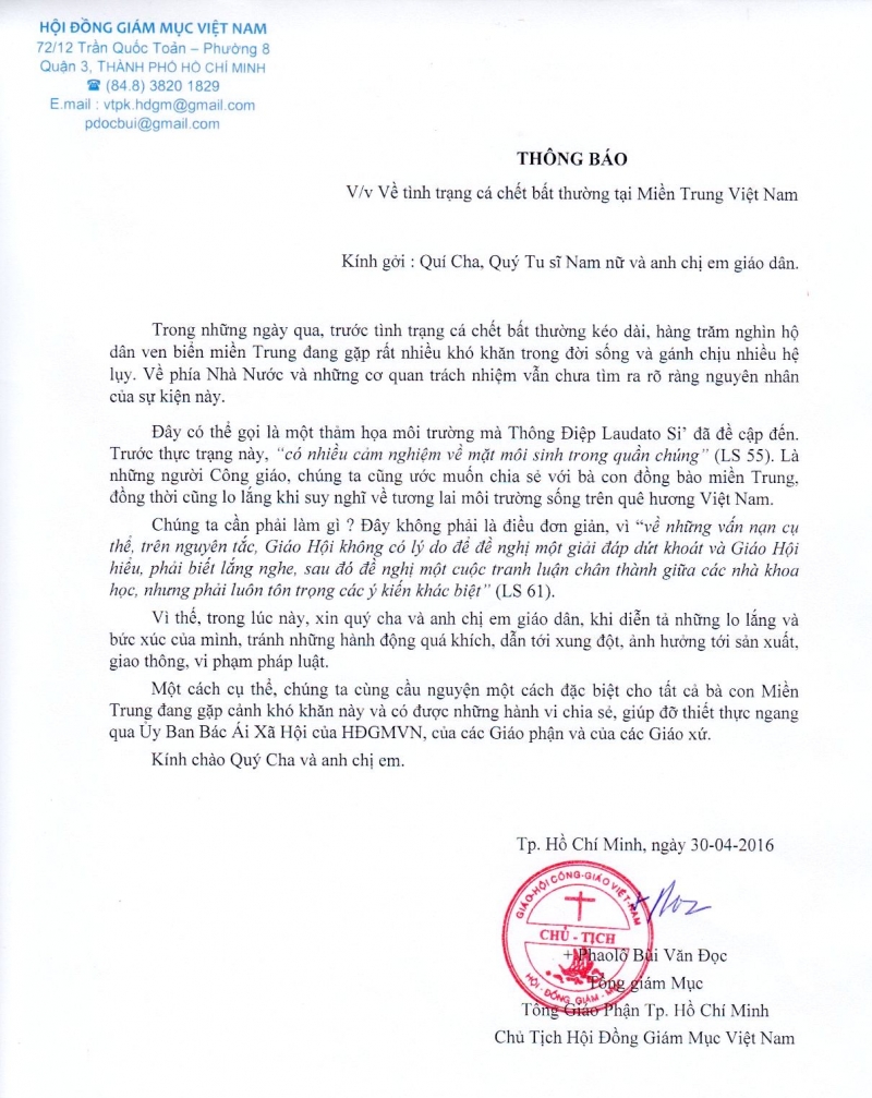 Tiếng nói của Hội thánh Công giáo Việt Nam trước tình trạng cá chết bất thường tại miền Trung