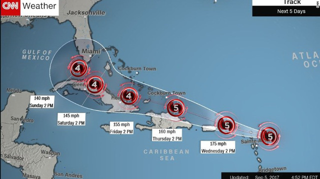 Siêu bão Irma tăng cấp độ, đe dọa Mỹ